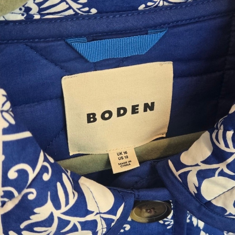 Boden Soft Quilted Longline Coat Collar Pockets Blue White Floral Size 12 Cotton - Picture 4 of 7